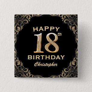 18th Birthday Party Black and Gold Glitter Frame 15 Cm Square Badge