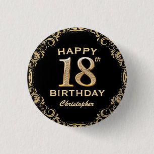 18th Birthday Party Black and Gold Glitter Frame 3 Cm Round Badge