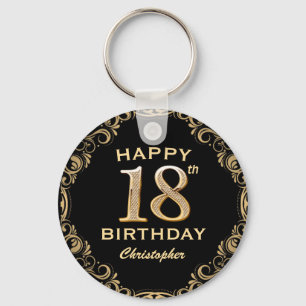 18th Birthday Party Black and Gold Glitter Frame Key Ring