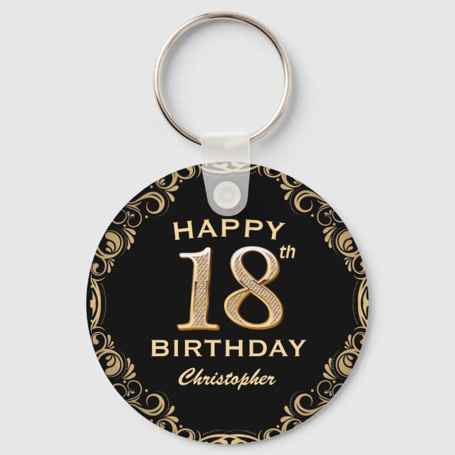 18th Birthday Party Black and Gold Glitter Frame Key Ring (Front)