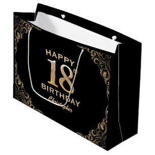 18th Birthday Party Black and Gold Glitter Frame Large Gift Bag
