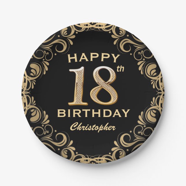 18th Birthday Party Black and Gold Glitter Frame Paper Plate (Front)