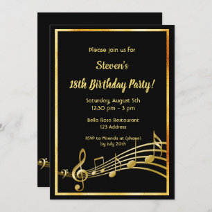 18th birthday party black and gold music notes invitation