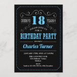 18th Birthday Party - Black Blue Invitation<br><div class="desc">18th Birthday Party Invitation.
Elegant black,  blue white retro design with chalkboard pattern and script font. Cheers to 18 years! Message me if you need further customization.</div>