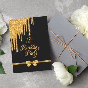 18th birthday party black gold bow glitter drip invitation