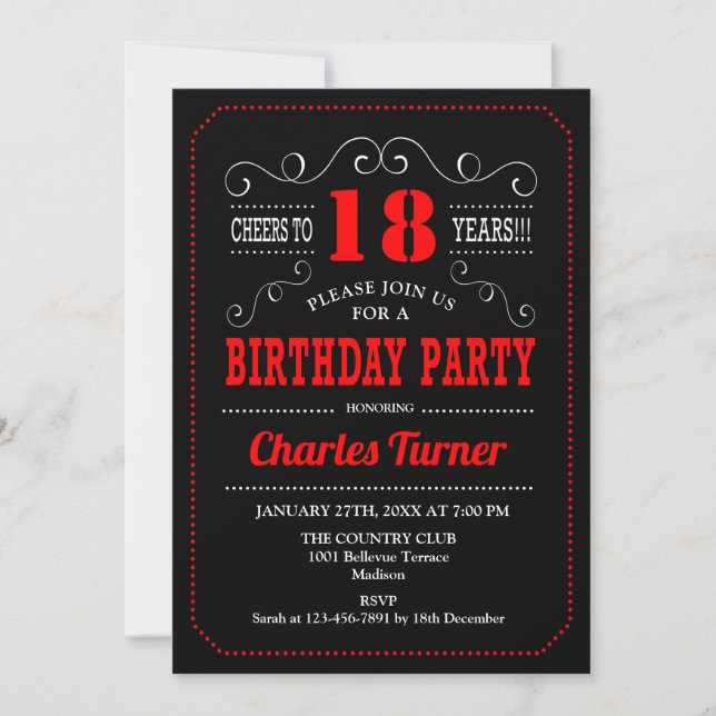 18th Birthday Party - Black Red  White Invitation (Front)