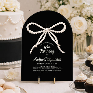 18th Birthday Party Black White Pearl Bow Arch Invitation