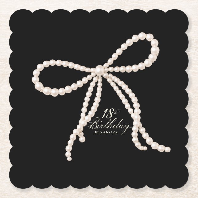 18th Birthday Party Black White Pearl Bow Custom Paper Coaster (Front)