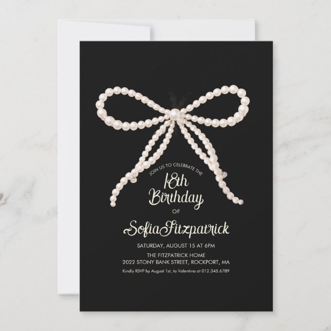 18th Birthday Party Black White Pearl Bow Invitation (Front)