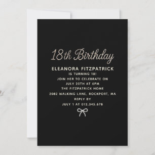 18th Birthday Party Black White Pearl Script Bow Invitation