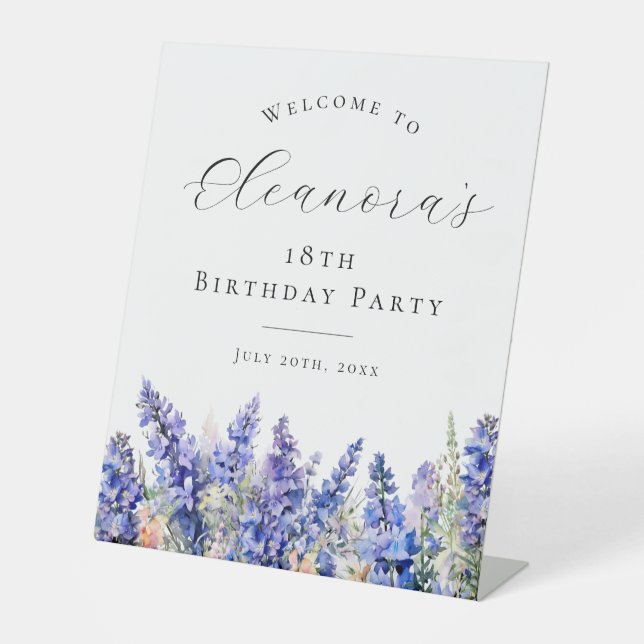18th Birthday Party Blue July Birth Flower Welcome Pedestal Sign (Front)