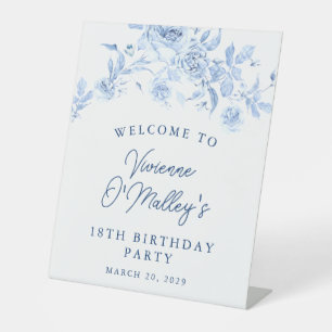 18th Birthday Party Blue Rose Floral Welcome Pedestal Sign