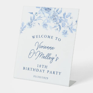 18th Birthday Party Blue Rose Floral Welcome Pedestal Sign