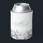 18th Birthday Party Blue White Floral Custom Can Cooler<br><div class="desc">Elegant white rose and blue wildflower floral arrangement decorates the bottom of this 18th birthday party personalised can cooler. 18th is written in a modern script font. The remainder of the text is a spacious serif.</div>
