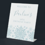 18th Birthday Party Blue White Snowflake Welcome  Pedestal Sign<br><div class="desc">Delicate pastel snowflakes create an elegant pattern perfect for a Christmas or winter birthday party. All text can be edited.</div>