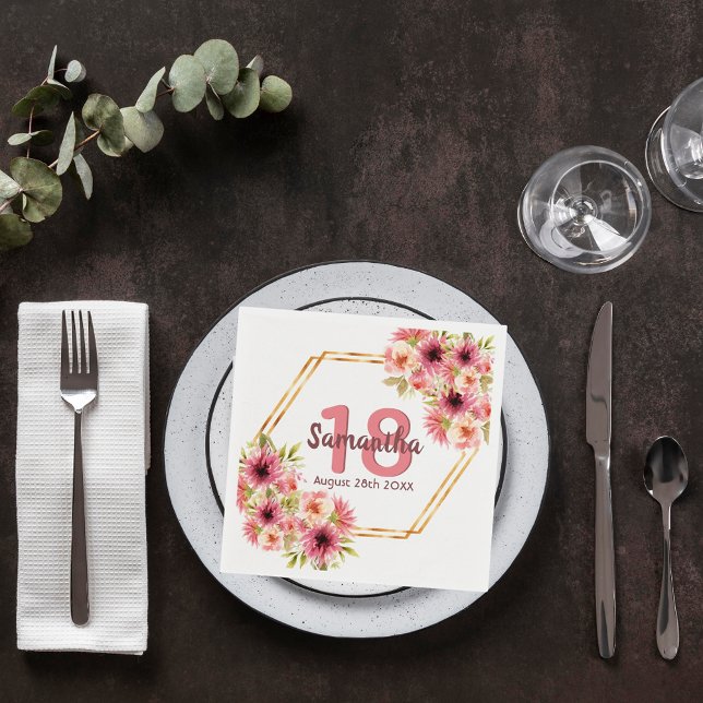 18th birthday party blush pink floral geometric napkin (Creator Uploaded)