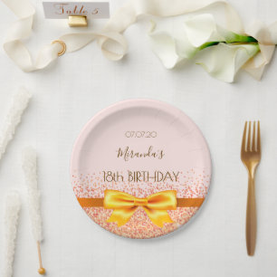 18th birthday party blush rose gold elegant bow paper plate