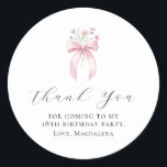 18th Birthday Party Bow Custom Thank You Favour Classic Round Sticker<br><div class="desc">Thank your guests for coming to your birthday party with this personalised thank you favour sticker.  It features a blush pink coquette bow accented with pink and blue wildflowers. Thank you is written in a lovely open script. Three lines let you customise your appreciation. All text is editable.</div>