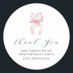 18th Birthday Party Bow Custom Thank You Favour Classic Round Sticker<br><div class="desc">Thank your guests for coming to your birthday party with this personalised thank you favour sticker.  It features a blush pink coquette bow accented with pink and blue wildflowers. Thank you is written in a lovely open script. Three lines let you customise your appreciation. All text is editable.</div>