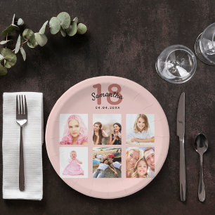 18th birthday party custom photo rose gold pink paper plate