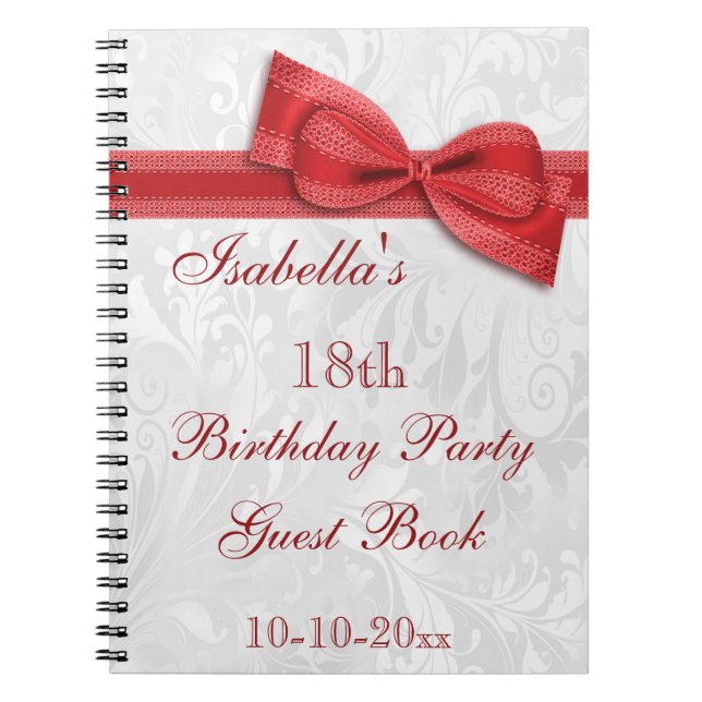 18th Birthday Party Damask and Bow Notebook (Front)