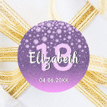 18th birthday party diamonds glitter purple pink classic round sticker<br><div class="desc">An elegant, glamourous and girly 18th birthday party sticker. Purple and pink coloured faux glitter with faux diamond sprinkle and a golden frame. Templates for a name, age 18 and a date. Date of birth or the date of the party/anniversary. White and pink coloured letters. The name is written with...</div>