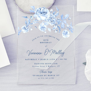 18th Birthday Party Dusty Blue Floral Acrylic Invitations