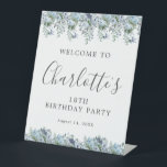 18th Birthday Party Dusty Blue Floral Welcome Pedestal Sign<br><div class="desc">Welcome your guests with this elegant tabletop pedestal sign. Pretty dusty blue roses,  peonies and wildflowers decorate the top and border. A classic and easy-to-read font combination takes only minutes to personalise.</div>