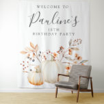 18th Birthday Party Fall Pumpkin Leaves Tapestry<br><div class="desc">Fall pumpkins are nestled in delicate golden yellow and orange leaves to create an elegant backdrop tapestry. All of the text is editable so you can easily craft your own special moment.</div>