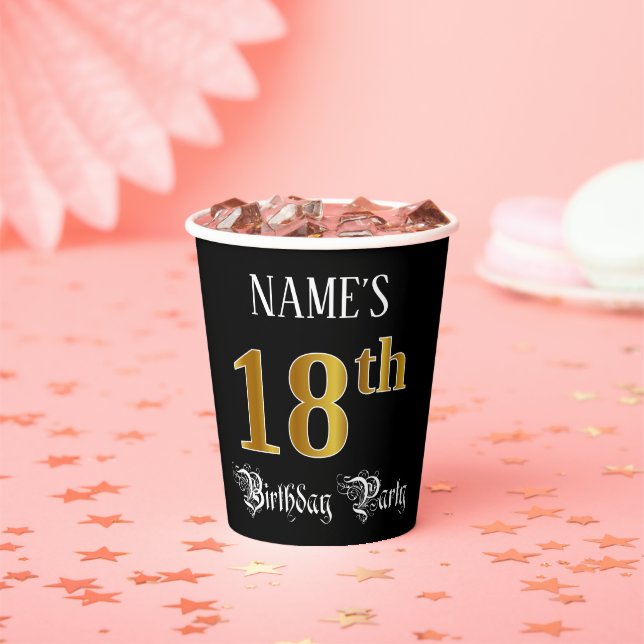 18th Birthday Party — Fancy Script, Faux Gold Look Paper Cups (Insitu)
