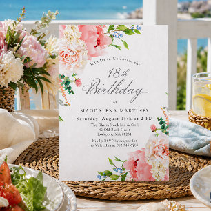 18th Birthday Party Feminine Pink Roses Floral Inv Invitation