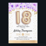 18th Birthday Party - Gold Balloons Purple Invitation<br><div class="desc">18th birthday party invitation. Elegant design in faux glitter gold with floral accent. Invite card with gold number 18 balloons,  script font with confetti. Purple,  lavender and white. Perfect for a stylish eighteenth bday celebration. Message me if you need custom age.</div>