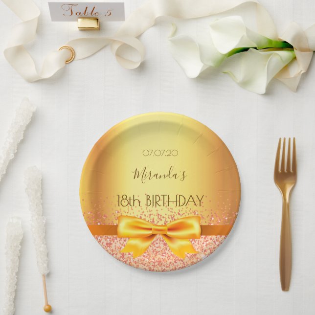 18th birthday party gold elegant bow name paper plate (Wedding)