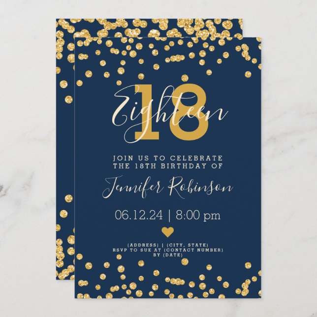 18th Birthday Party Gold Glam Glitter Lights Navy  Invitation (Front/Back)