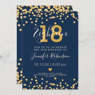 18th Birthday Party Gold Glam Glitter Lights Navy  Invitation