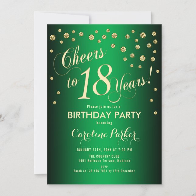 18th Birthday Party - Gold Green Invitation (Front)