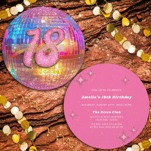 18th Birthday Party Gold Pink Glitter Disco Ball Invitation