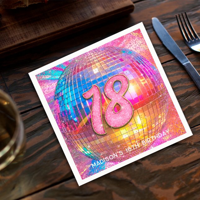 18th Birthday Party Gold Pink Glitter Disco Ball Napkin (Creator Uploaded)