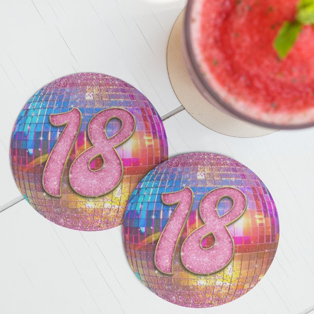 18th Birthday Party Gold Pink Glitter Disco Ball Round Paper Coaster (Creator Uploaded)