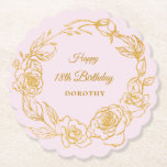 18th Birthday Party Gold Rose Blush Pink Paper Coaster<br><div class="desc">Elegant gold rose floral 18th birthday paper coaster features pretty script calligraphy surrounded by a luxe gold rose wreath. The roses look beautiful with the soft blush pink background. You can actually change the background colour to any colour. All of the text can be edited. This item is part of...</div>