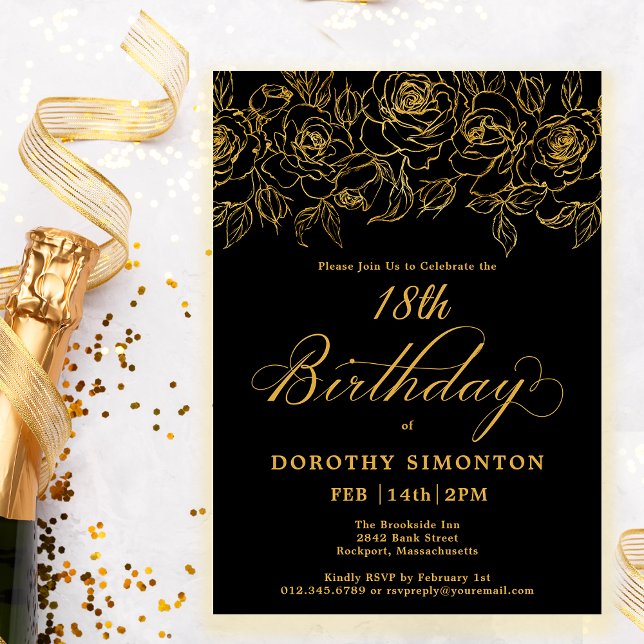 18th Birthday Party Gold Rose Floral Black Invitation (Creator Uploaded)