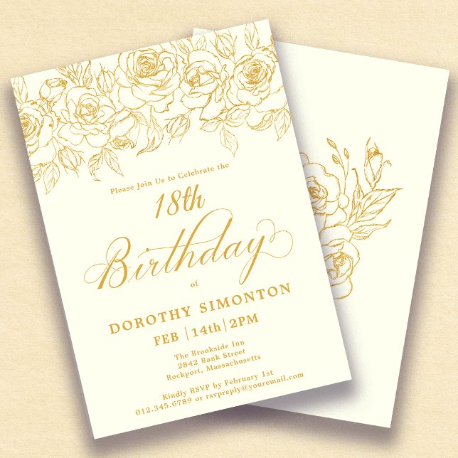 18th Birthday Party Gold Rose Floral Ivory White Invitation (Creator Uploaded)