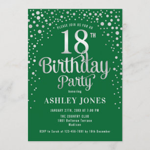 18th Birthday Party - Green & Silver Invitation