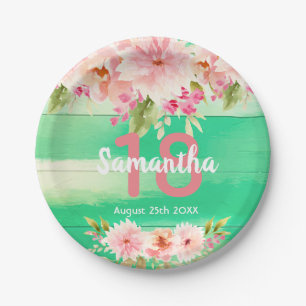18th birthday party green wood blush florals paper plate