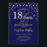 18th Birthday Party Invitation - Gold Navy Blue<br><div class="desc">18th Birthday Party Invitation.
Elegant design with faux glitter gold and navy blue. Cheers to 18 Years! Message me if you need further customization.</div>