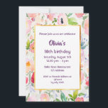 18th birthday party invitation pink flowers white<br><div class="desc">An elegant timeless summer and garden themed 18th birthday party invitation card. Bohemian and boho style. With romantic soft pastels and watercolored flowers in pink and peach colours and green leaves. A white background for the text. A chic faux gold frame. Templates for a name and party details, dark purple...</div>