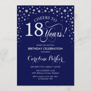 18th Birthday Party Invitation - Silver Navy Blue