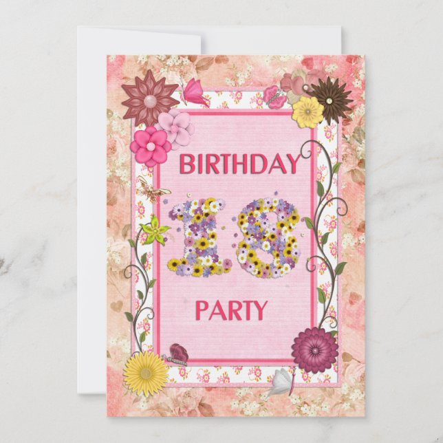 18th birthday party invitation with floral frame (Front)
