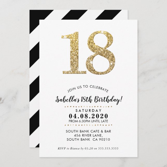 18TH BIRTHDAY PARTY INVITE modern gold glitter (Front/Back)