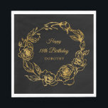 18th Birthday Party Luxe Gold Rose Black Cocktail Napkin<br><div class="desc">Elegant rose gold floral 18th birthday paper napkins feature pretty script calligraphy surrounded by a lush gold rose wreath. The roses pop against the black background. You can actually change the background colour to any colour. All of the text can be edited. This item is part of the Luxe Gold...</div>